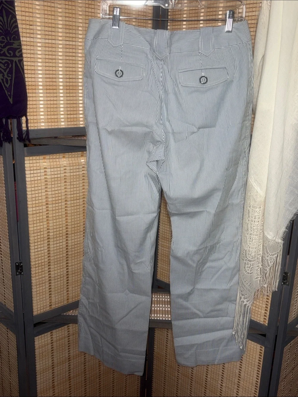 Light Blue and White Pinstripe Seersucker Wide Leg Trouser